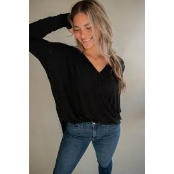 Lqbz Blouse Women's S Black Plunge Neck Long Sleeve Old Money Classic Staple - Picture 9 of 9